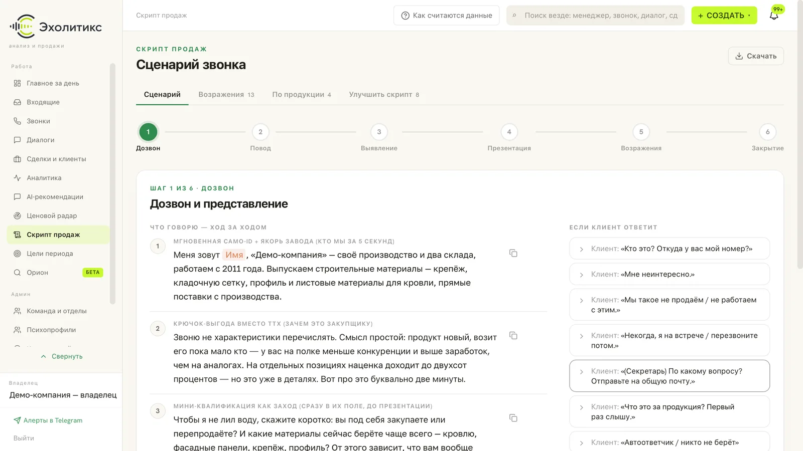 Раздел «Скрипт продаж» в Эхолитиксе: сценарий звонка из шести шагов — дозвон, повод, выявление, презентация, возражения, закрытие; на шаге «Дозвон и представление» — реплики менеджера ход за ходом и справа готовые ответы на типовые фразы клиента; вкладки «Возражения», «По продукции», «Улучшить скрипт»
